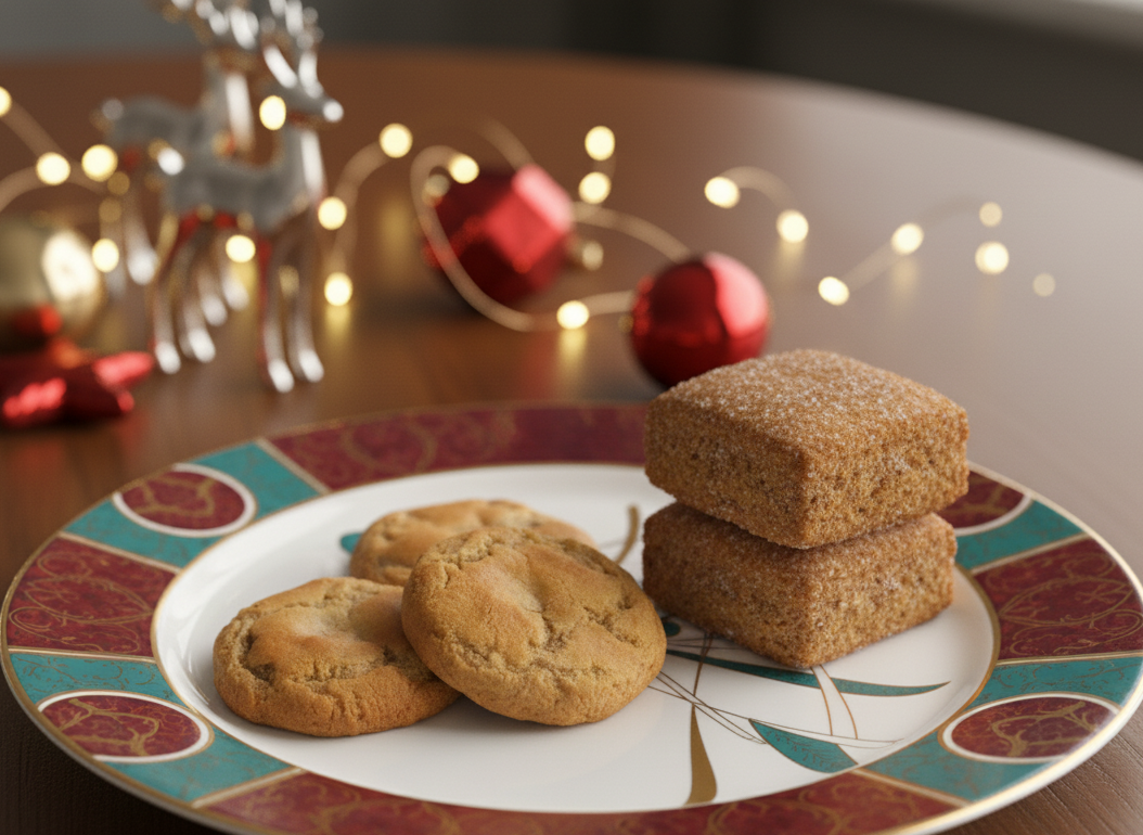 Gluten free cookies and biscuits on a decorative plate with festive lights and ornaments in the background
