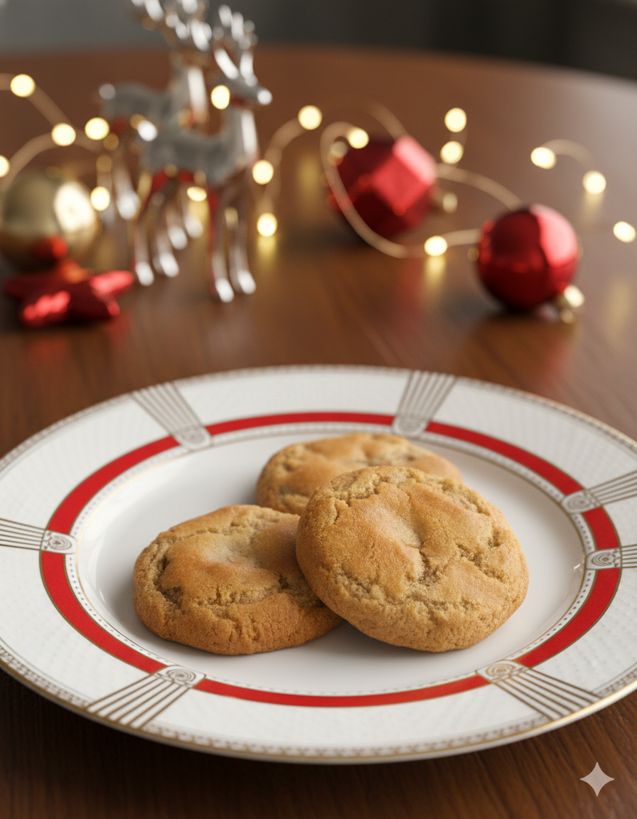 Three TruCrumb gluten free brown butter cookies on a holiday decorative plate with Christmas decorations in the background
