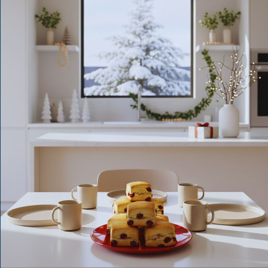 TruCrumb gluten-free cranberry clementine biscuitini on a kitchen table with holiday decor and snowy window.