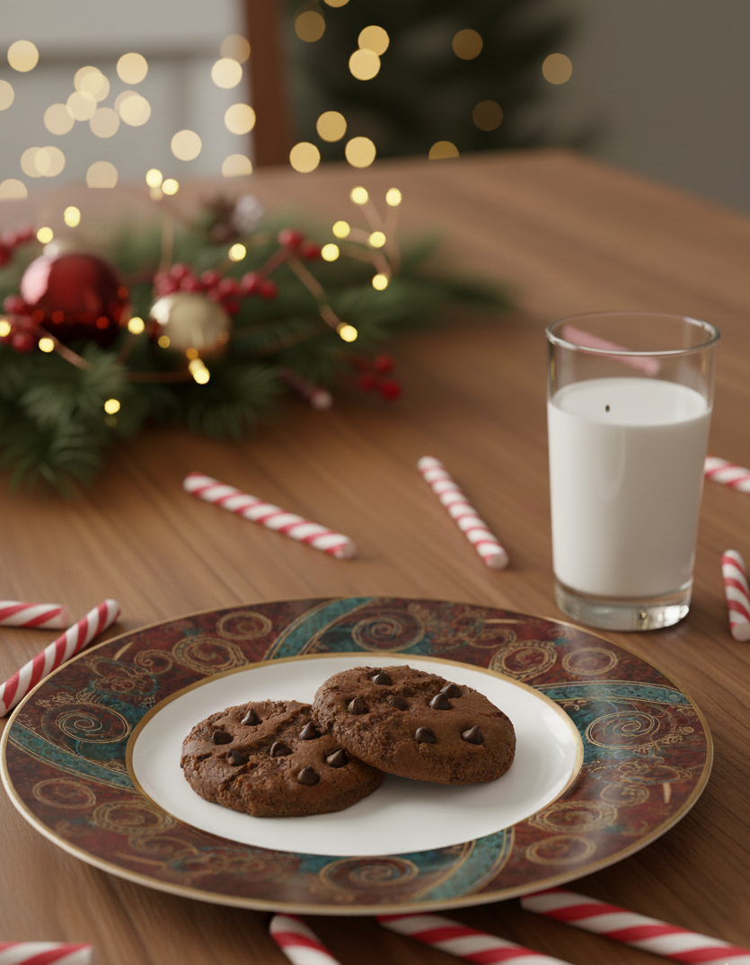 TruCrumb Gluten-Free Dark Chocolate Chip cookies on a decorative plate with a glass of milk, surrounded by holiday decorations.