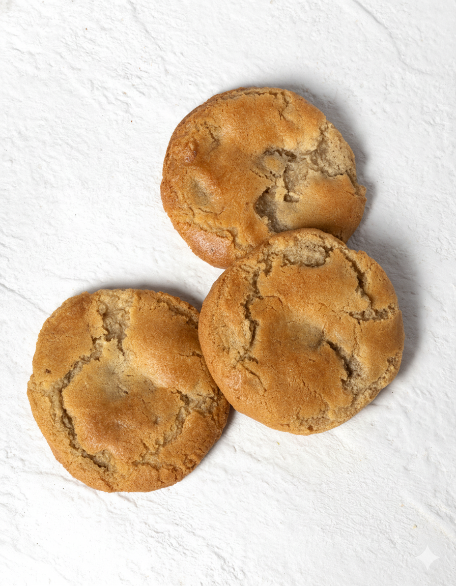 Three gluten free brown butter cookies on a white textured surface