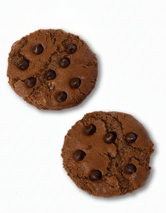 Two TruCrumb Gluten Free peppermint dark chocolate  chip cookies on a white background