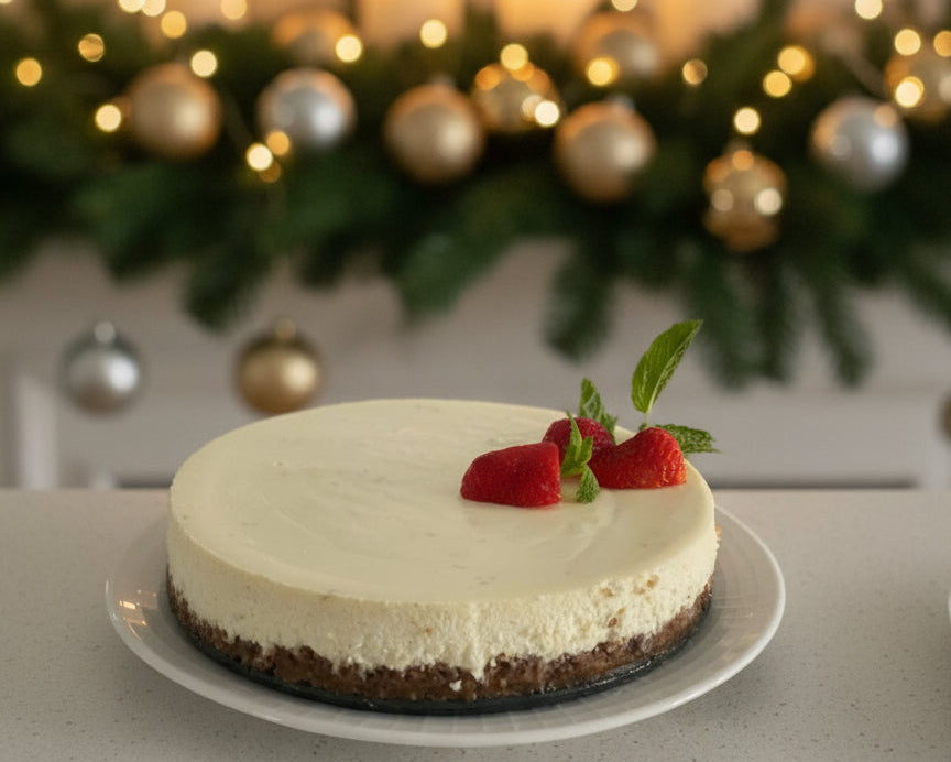 TruCrumb Gluten-Free Cheesecake with strawberries on a plate in a holiday setting