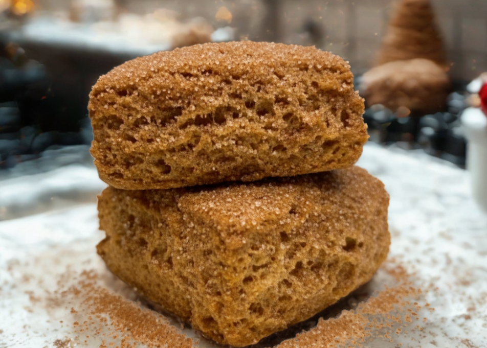 Two stacked TruCrumb gluten-free cinnamon maple biscuits on a kitchen surface with festive holiday background