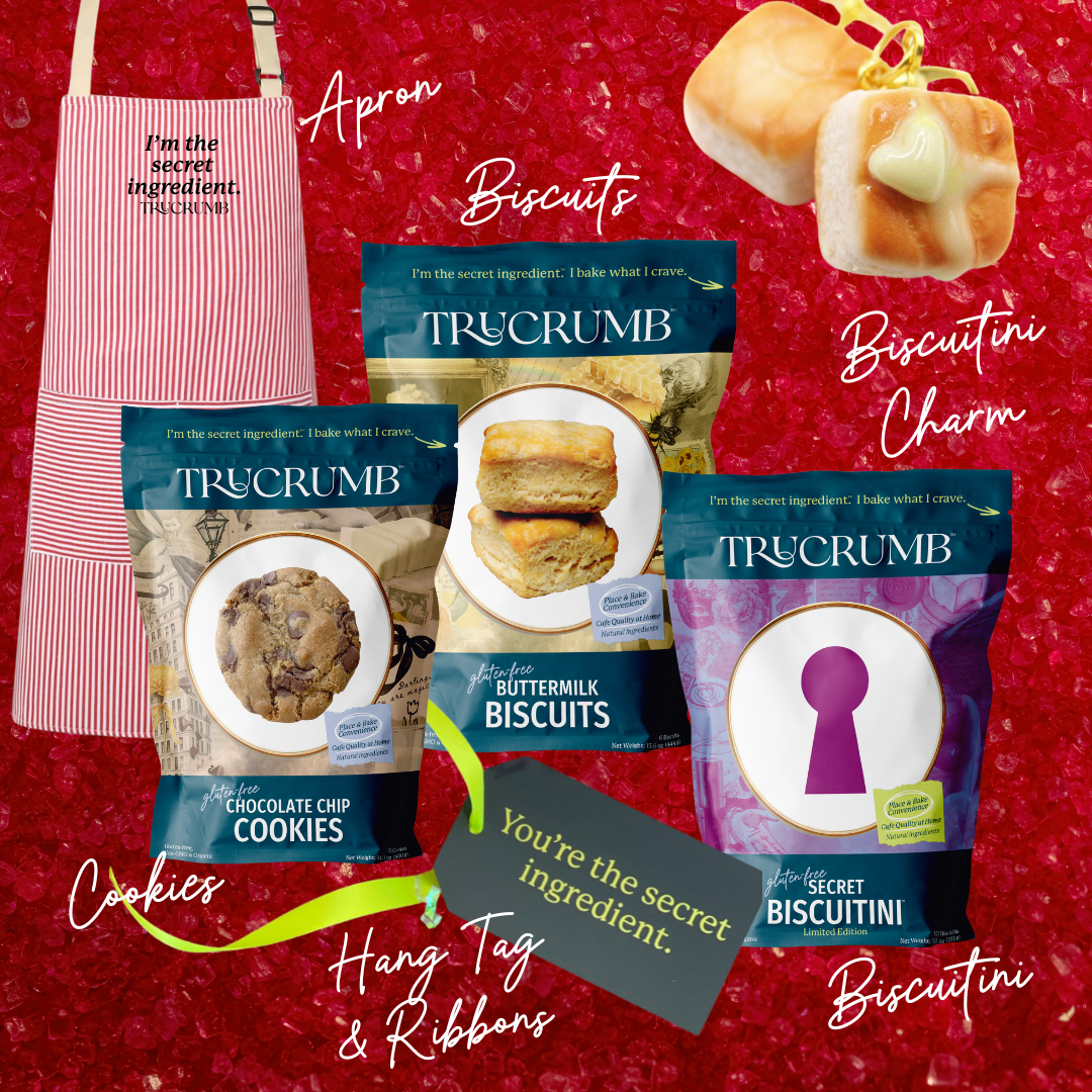 TruCrumb gluten free products on a red background with apron, charms, biscuits and cookies.