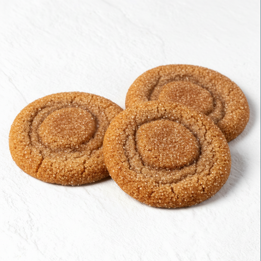 Three TruCrumb gluten-free snickerdoodle cookies with a textured surface on a white background